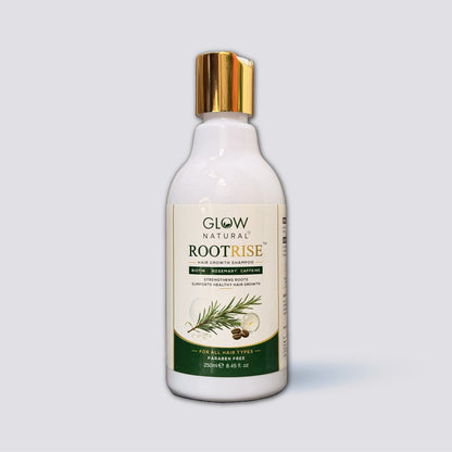 A white bottle of Glow Natural Rootrise Hair Growth Support serum with a metallic gold cap, shown on a light gray background.