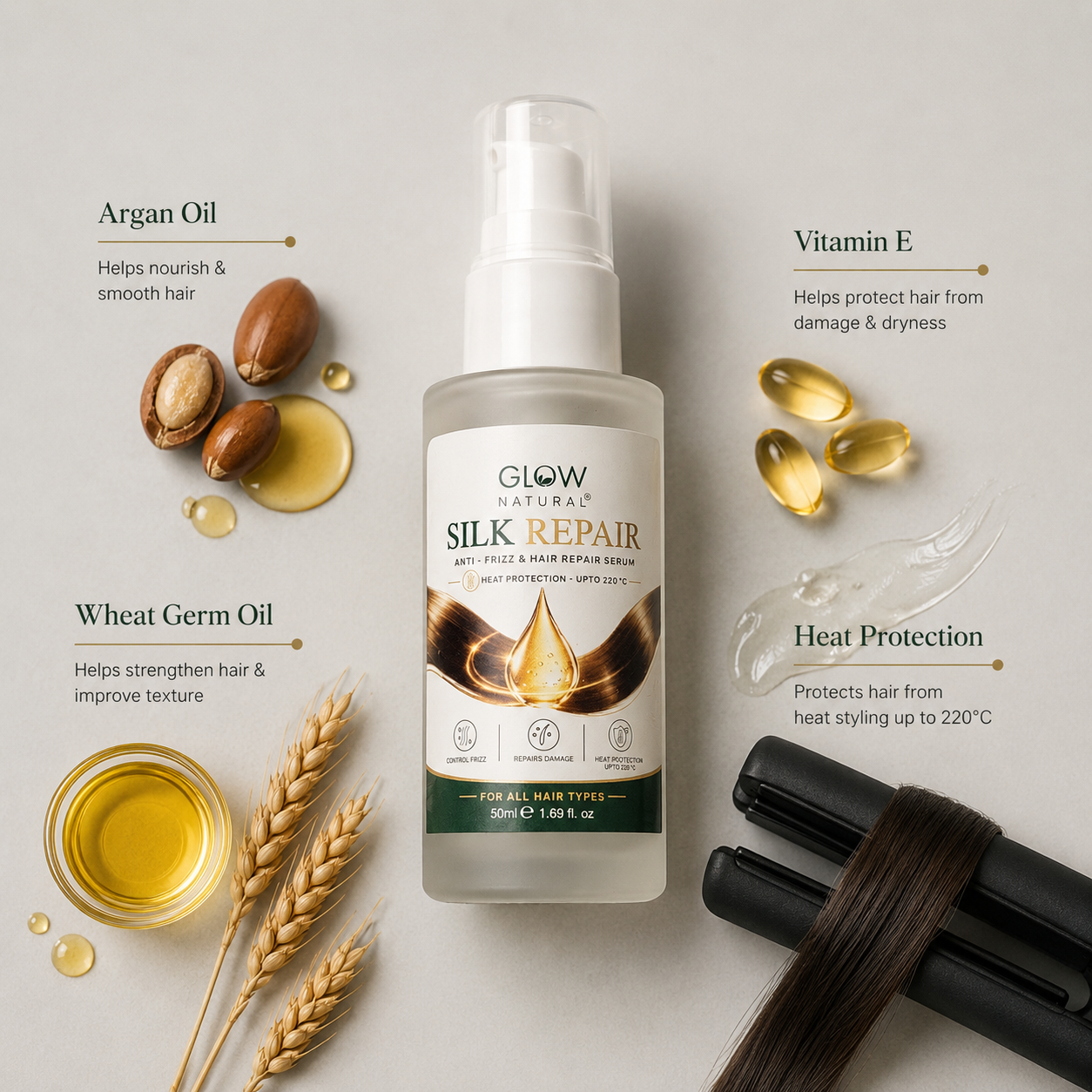 A bottle of Glow Natural Silk Repair anti-frizz hair serum is centered on a light neutral background, surrounded by ingredient callouts and styling props including argan nuts, wheat germ oil, vitamin E drops, a hair strand, and a hair straightener.