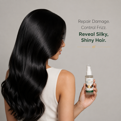 A woman with long, glossy black hair is shown from the back, holding a bottle of hair repair spray. The background is a solid light gray with text on the right that reads 'Repair Damage.