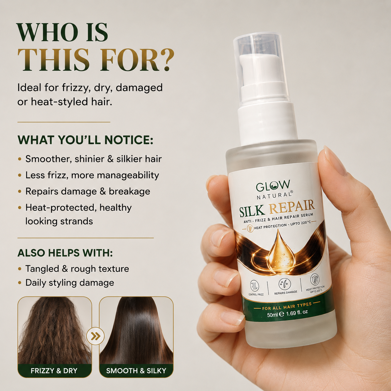 A hand holding a bottle of Glow Natural Silk Repair hair serum against a light beige background, with promotional text on the left describing benefits for frizzy, dry, or damaged hair.
