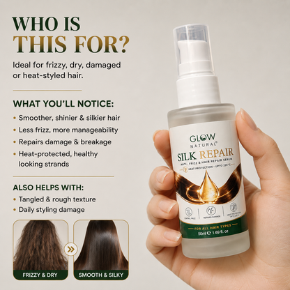 A hand holding a bottle of Glow Natural Silk Repair hair serum against a light beige background, with promotional text on the left describing benefits for frizzy, dry, or damaged hair.